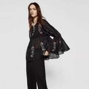 ZARA Fairy Grunge Blouse Black Floral Bell Sleeves Semi Sheer Women XS